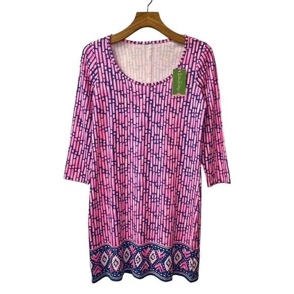 Lilly Pulitzer Beacon Dress Scoop Neck Mini Sheath 3/4 Sleeve Pink Print Size S - Picture 1 of 10